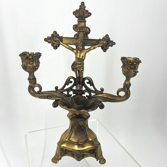 Antique Standing Crucifix Candelabra Holy Water Holder Sick Visit Last Rights - Picture 1 of 9